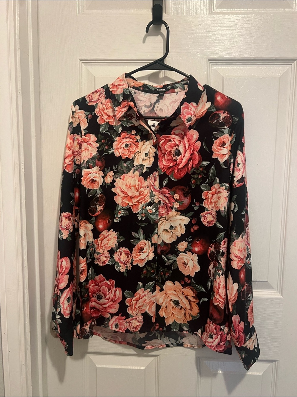 Express Black Floral Button-Down Shirt with Pink and Peach Roses